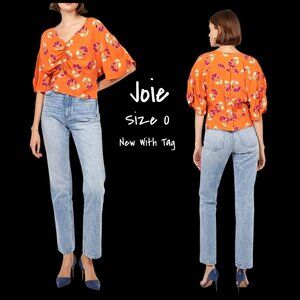 Joie Harlee Short Sleeve Floral Top Blouse Orange Size 0 New With Tag